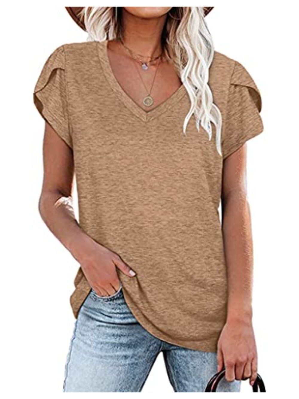 Womens V Neck Petal Sleeve Casual Tee Tunic T-Shirt Loose Fit